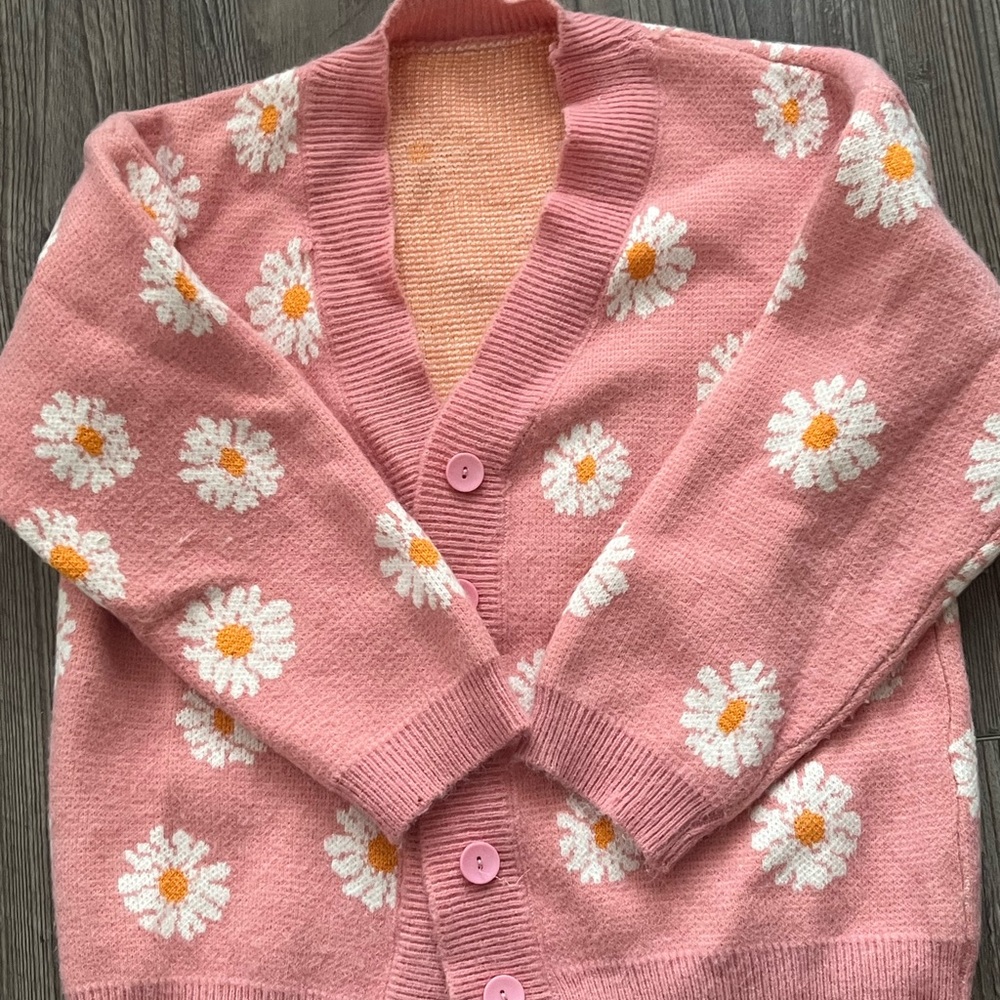 Pink Floral Cardigan with White Daisies